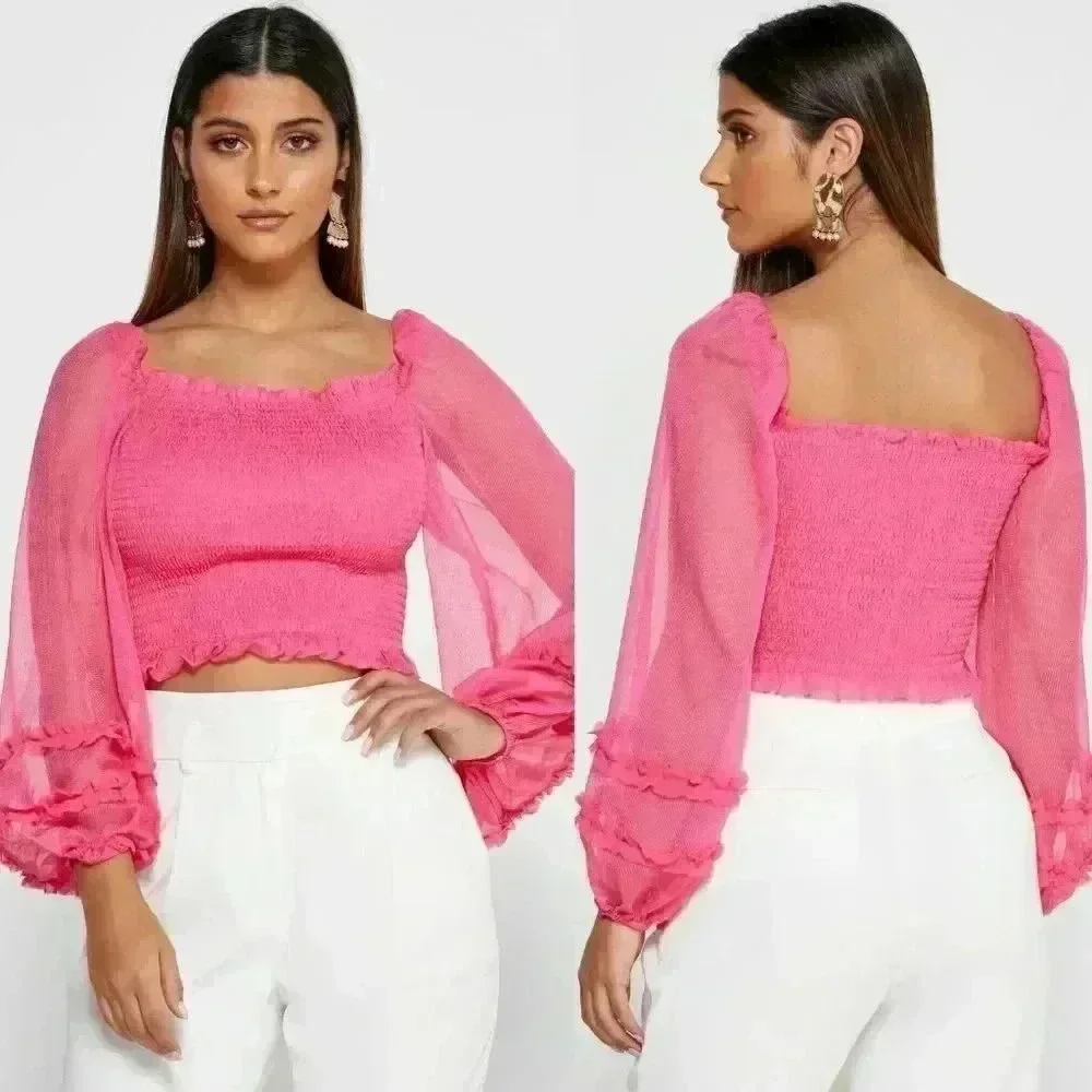 Anthropologie KEEPSAKE Moonlight Puff-Sleeve Top Pop Pink Size Small NWOT $145